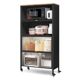Mega Casa Steel 4-Door Accent Cabinet with Wooden Top and Transparent Doors - Black