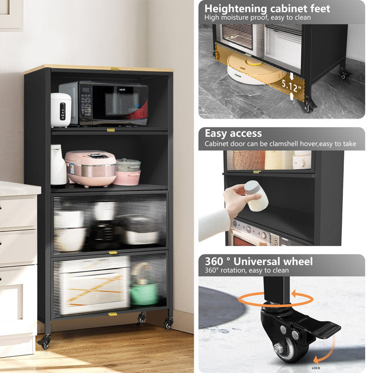 Mega Casa Steel 4-Door Accent Cabinet with Wooden Top and Transparent Doors - Black