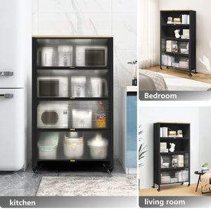 Mega Casa Steel 4-Door Accent Cabinet with Wooden Top and Transparent Doors - Black