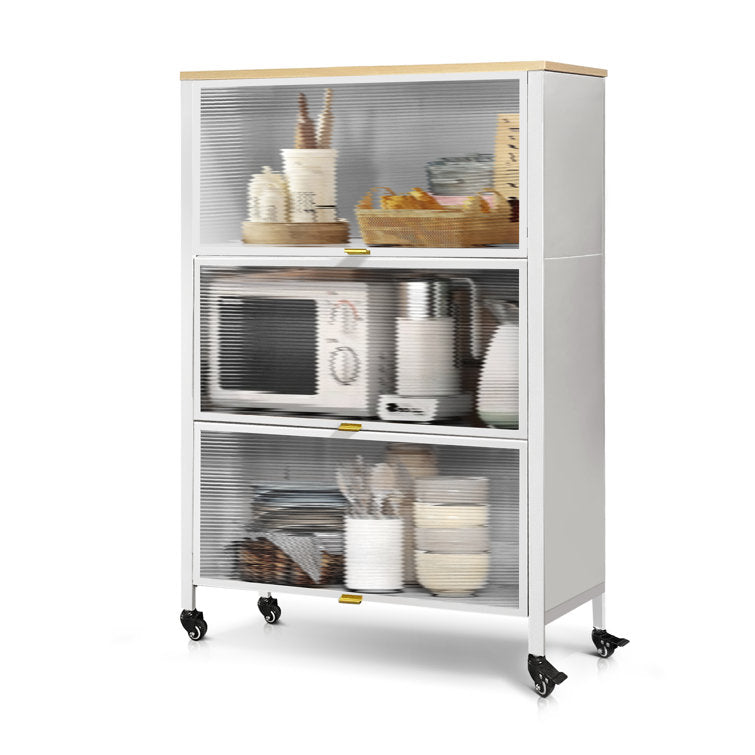 Mega Casa Steel 3-Door Accent Cabinet with Transparent Doors and Wooden Top - White