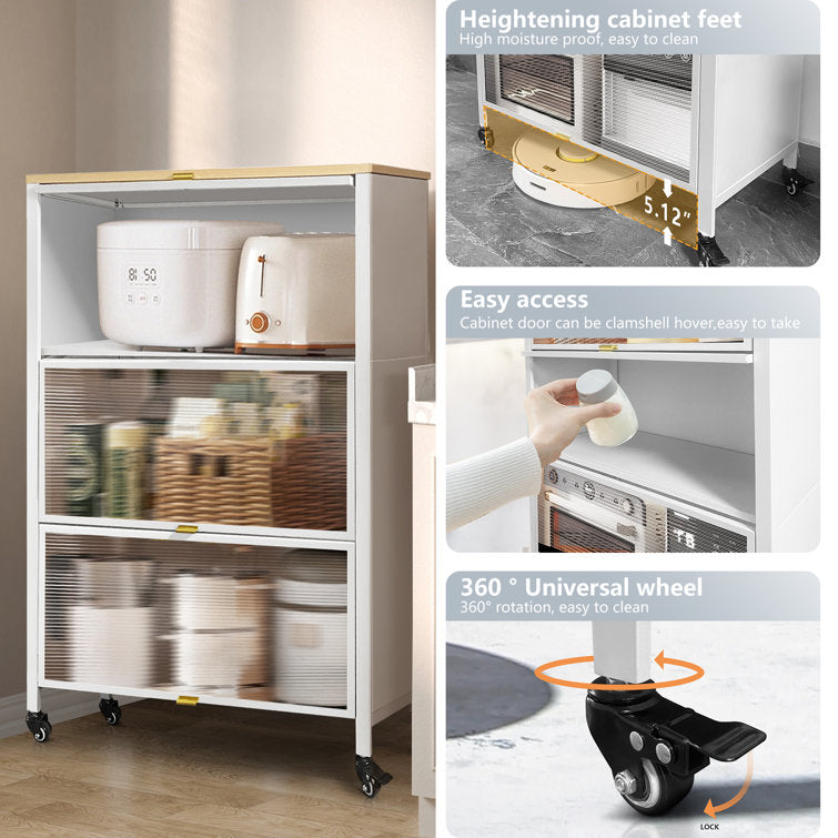 Mega Casa Steel 3-Door Accent Cabinet with Transparent Doors and Wooden Top - White
