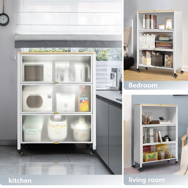 Mega Casa Steel 3-Door Accent Cabinet with Transparent Doors and Wooden Top - White