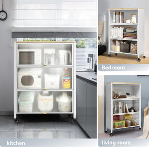 Mega Casa Steel 3-Door Accent Cabinet with Transparent Doors and Wooden Top - White