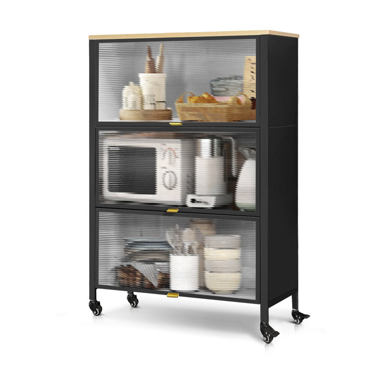Mega Casa Steel 3-Door Accent Cabinet with Transparent Doors and Wooden Top - Black