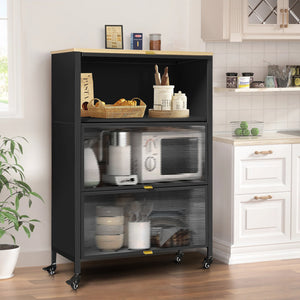 Mega Casa Steel 3-Door Accent Cabinet with Transparent Doors and Wooden Top - Black