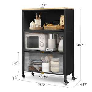 Mega Casa Steel 3-Door Accent Cabinet with Transparent Doors and Wooden Top - Black