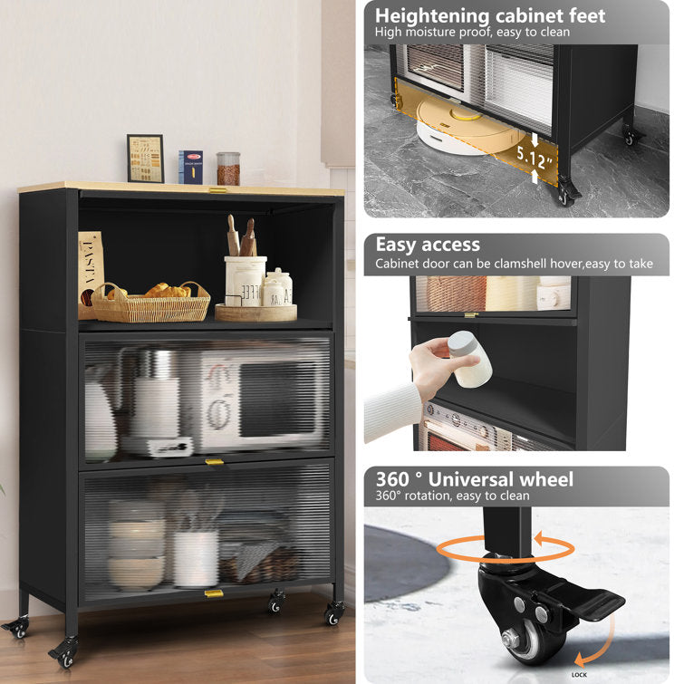 Mega Casa Steel 3-Door Accent Cabinet with Transparent Doors and Wooden Top - Black