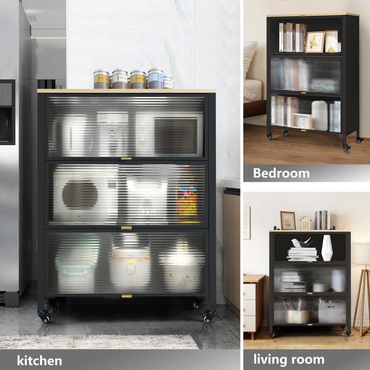 Mega Casa Steel 3-Door Accent Cabinet with Transparent Doors and Wooden Top - Black