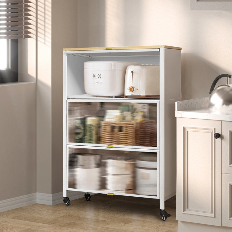 Mega Casa Steel 3-Door Accent Cabinet with Transparent Doors and Wooden Top - White