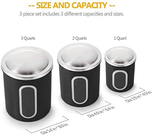 Fortune Candy Stainless Steel Canister Sets with Anti-Fingerprint Lid and Visible Window, Cereal Container Set of 3 (Black)