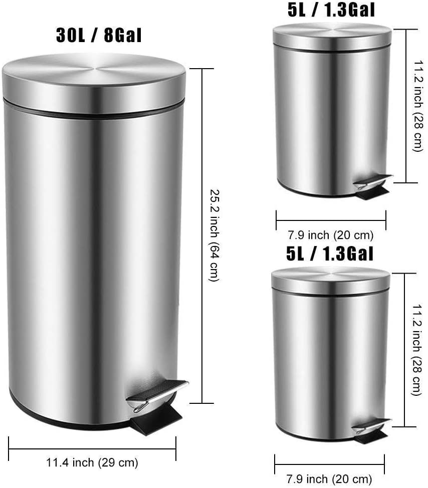 1.3+1.3+8 Gal Bathroom Step Stainless Steel Trash Can Combo -Mega Casa