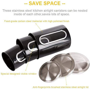 Fortune Candy Stainless Steel Canister Sets with Anti-Fingerprint Lid and Visible Window, Cereal Container Set of 3 (Black)