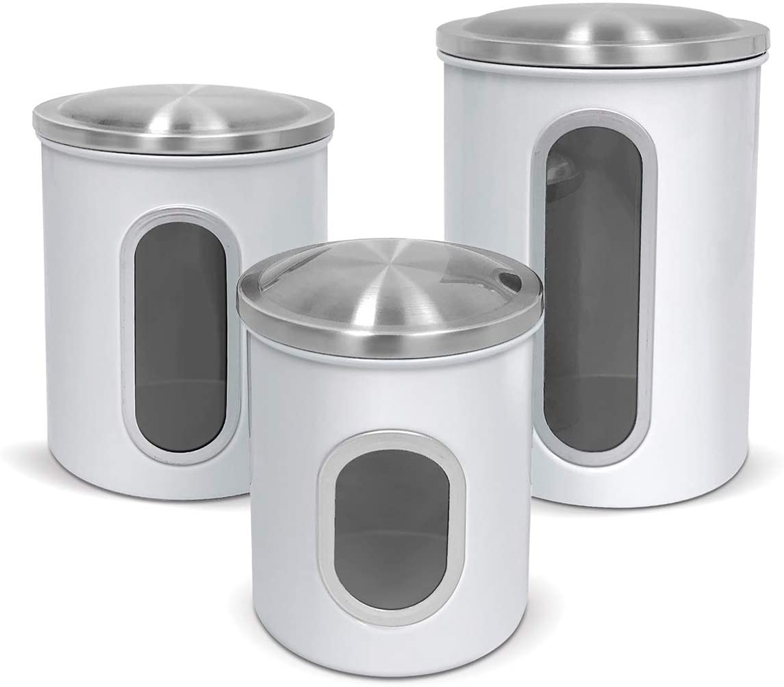 Fortune Candy Stainless Steel Canister Sets with Anti-Fingerprint Lid and Visible Window, Cereal Container Set of 3 (White)