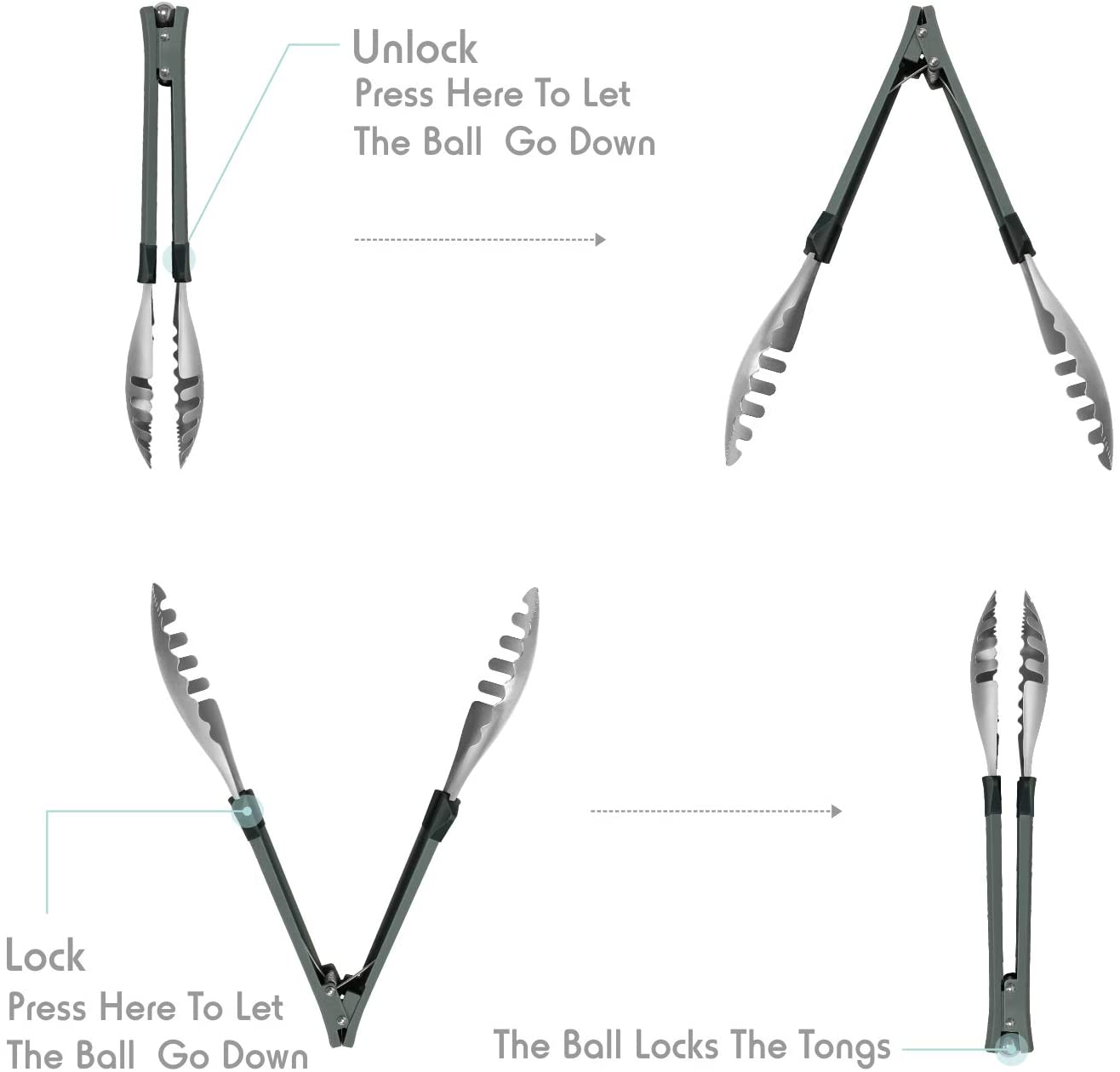 Fortune Candy Serving Tongs, 18/8 Stainless Steel, One-hand Locking & Releasing Operation Using Gravity, for Serving Bread, Spaghetti(8 & 11 inch set)