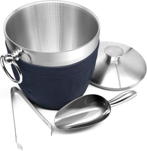Fortune Candy Insulated Ice Bucket -Double Walled Stainless Steel with Ice Tongs, Scoop, Lid, and Exclusive Handmade Nylon Holder -2.8L(Navy Blue)