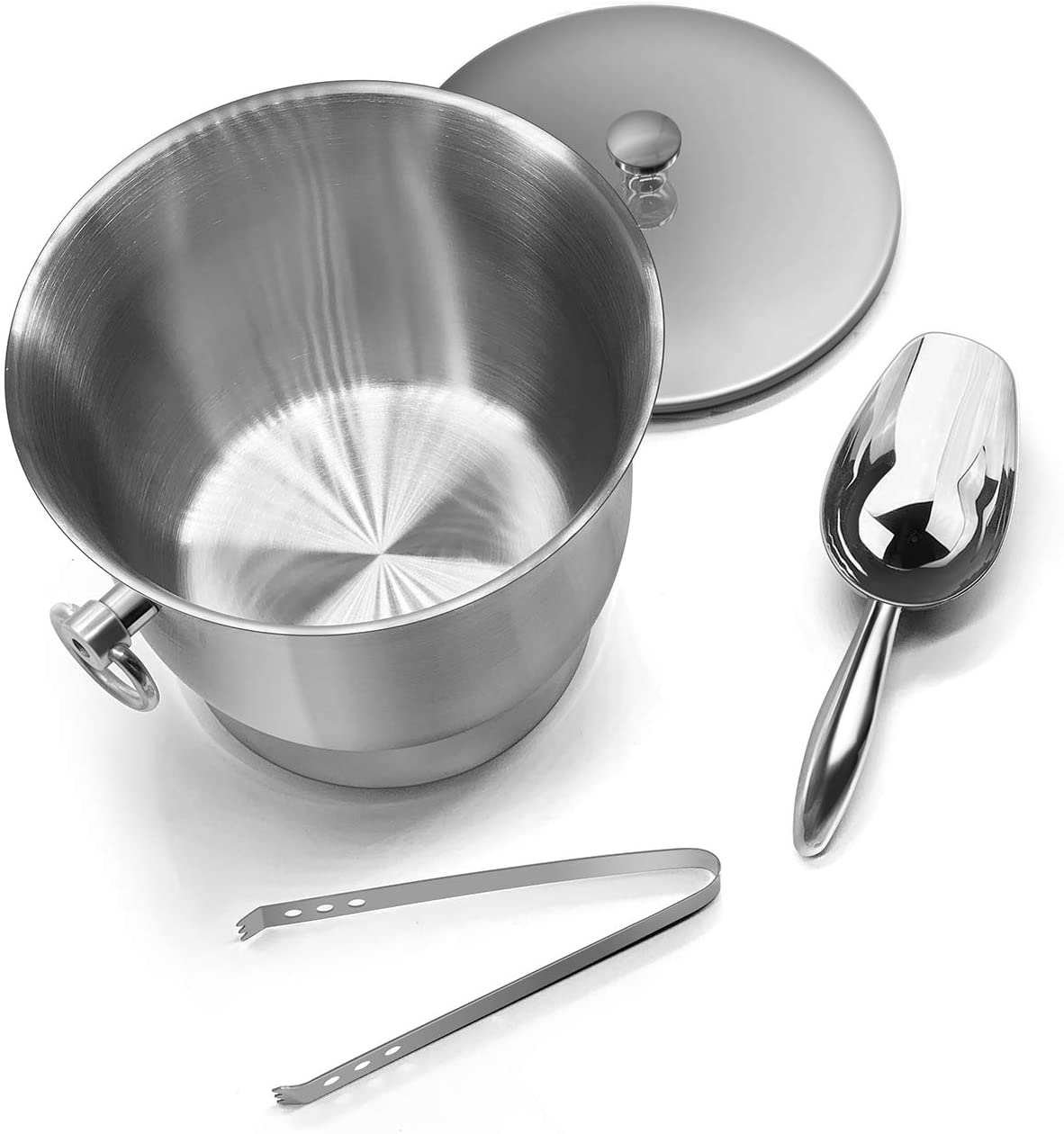 Fortune Candy Insulated Ice Bucket - Double Walled Stainless Steel with Ice Tongs, Scoop, Lid, and Exclusive Handmade Nylon Holder - 3.3 L, Black