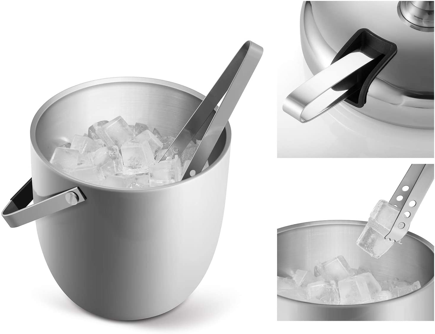 Fortune Candy Insulated Ice Bucket -Double Walled Stainless Steel with Ice Tongs, Scoop, Lid, and Exclusive  Nylon Holder - 2.8 L, Silver/Navy Blue