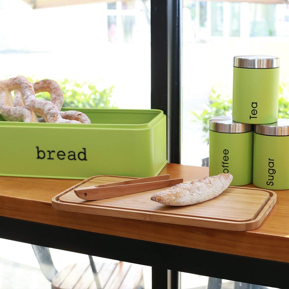 Fortune Candy Stainless Steel Bread Bin with Cutting Boards for Baked Bread with Set of 3 Canister (Apple Green)