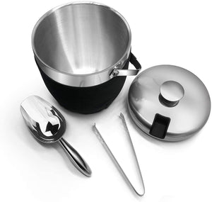 Fortune Candy Double Walled Stainless Steel Ice Bucket with Ice Tongs, Scoop, Lid and Nylon Holder - 2.8 L (Black)