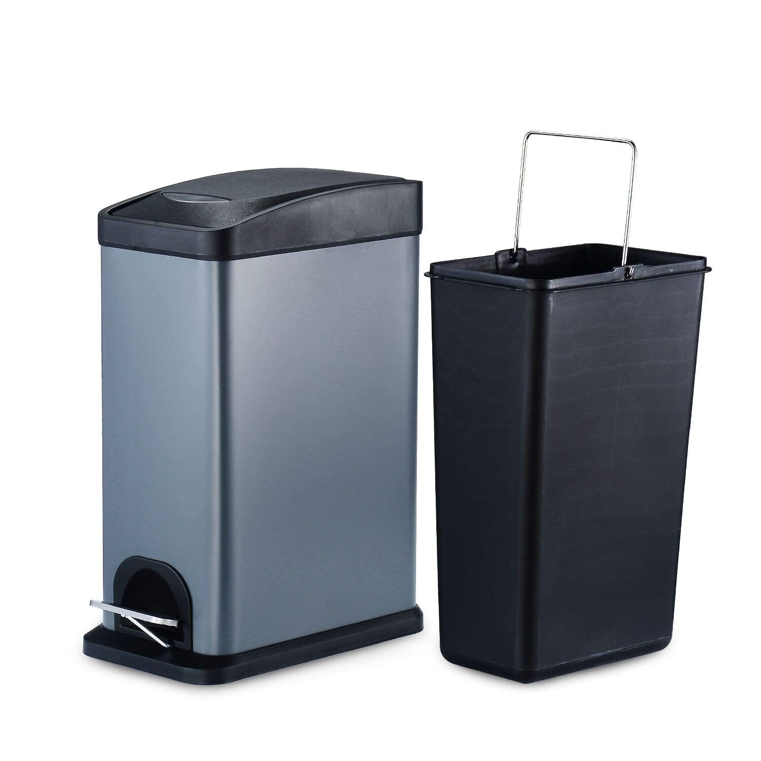8 Liter / 2.1 Gallon Step Trash Can,Carbon Steel Garbage Can with Lid and Plastic Inner Bucket for Bathroom (Gray)