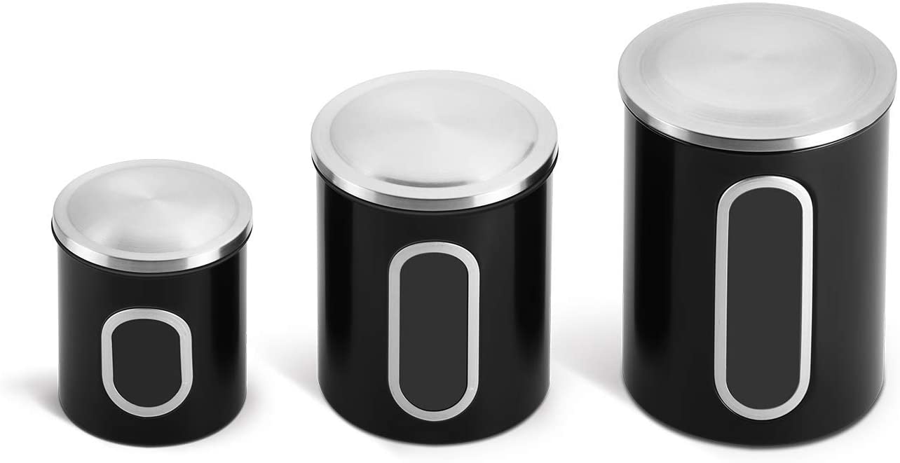 Fortune Candy Stainless Steel Canister Sets with Anti-Fingerprint Lid and Visible Window, Cereal Container Set of 3 (Black)