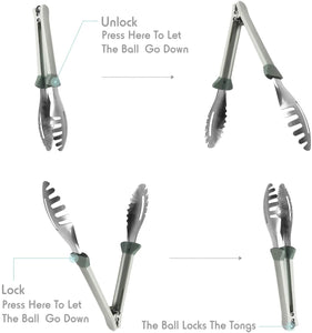 Fortune Candy Serving Tongs, 18/8 Stainless Steel, One-hand Locking & Releasing Operation Using Gravity, for Serving Bread, Spaghetti(8 & 11 inch set)