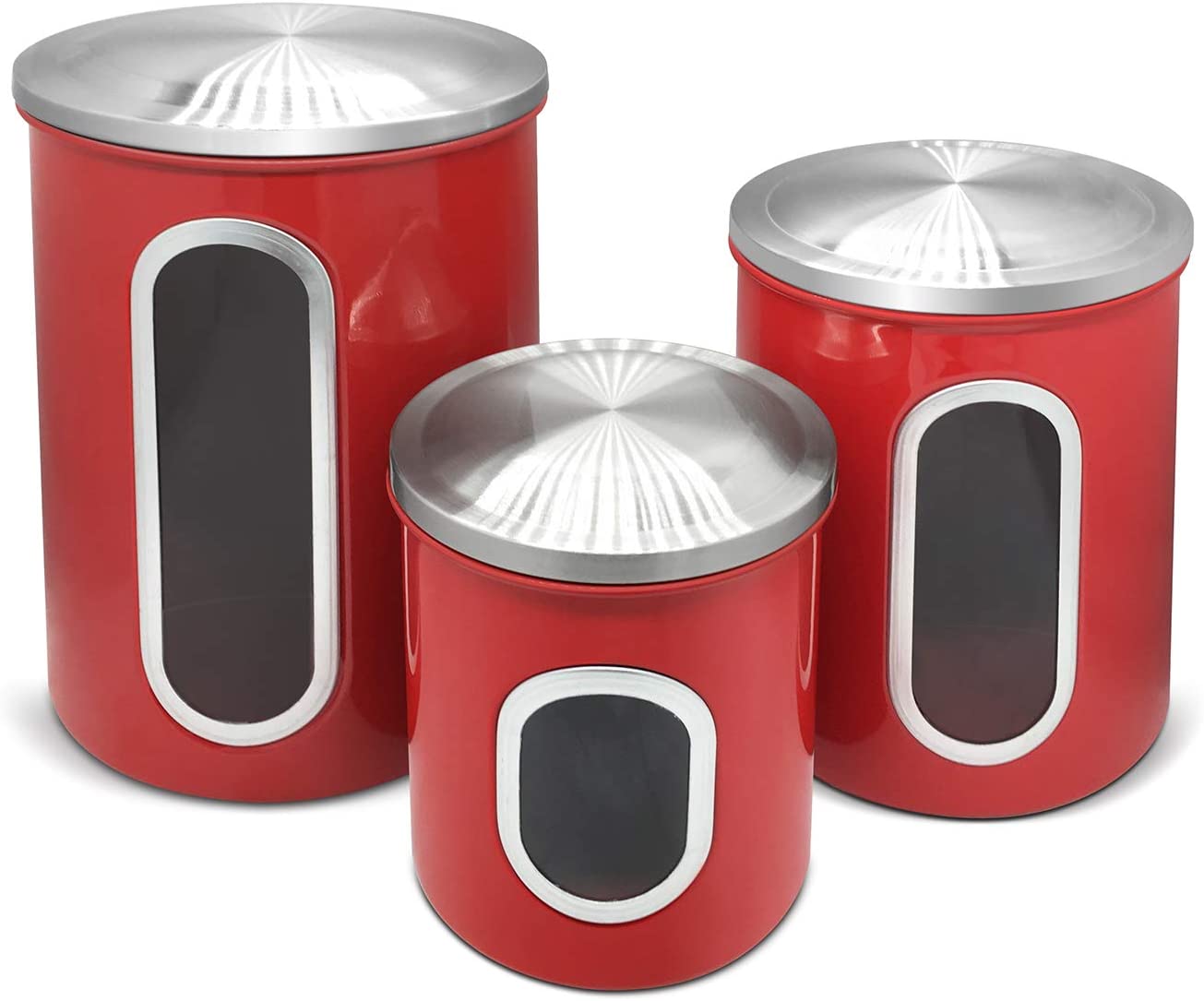 Fortune Candy Stainless Steel Canister Sets with Anti-Fingerprint Lid and Visible Window, Cereal Container Set of 3 (Raspberry Red)