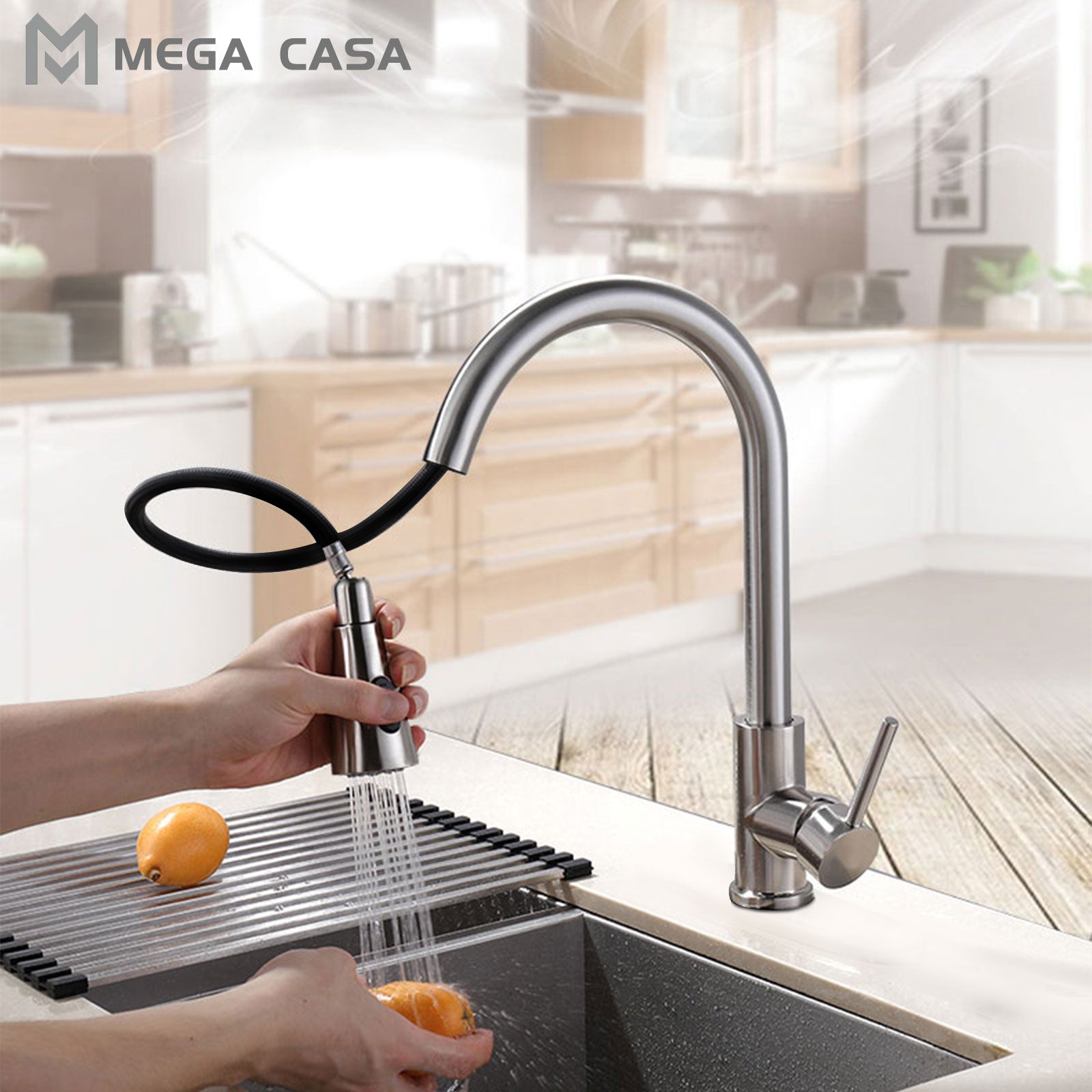 Duoupa Single Handle High Arc Brushed Nickel Pull Out Kitchen Faucet, Single Level Stainless Steel Kitchen Sink Faucets with Pull Down Sprayer