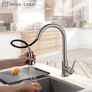 Duoupa Single Handle High Arc Brushed Nickel Pull Out Kitchen Faucet, Single Level Stainless Steel Kitchen Sink Faucets with Pull Down Sprayer