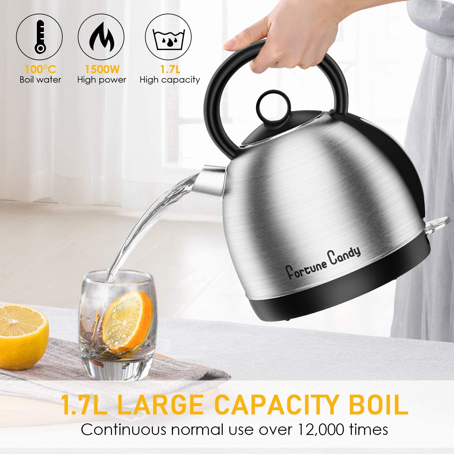 Stainless Steel 1.7L Electric Kettle 1500W Fast Boil with Auto