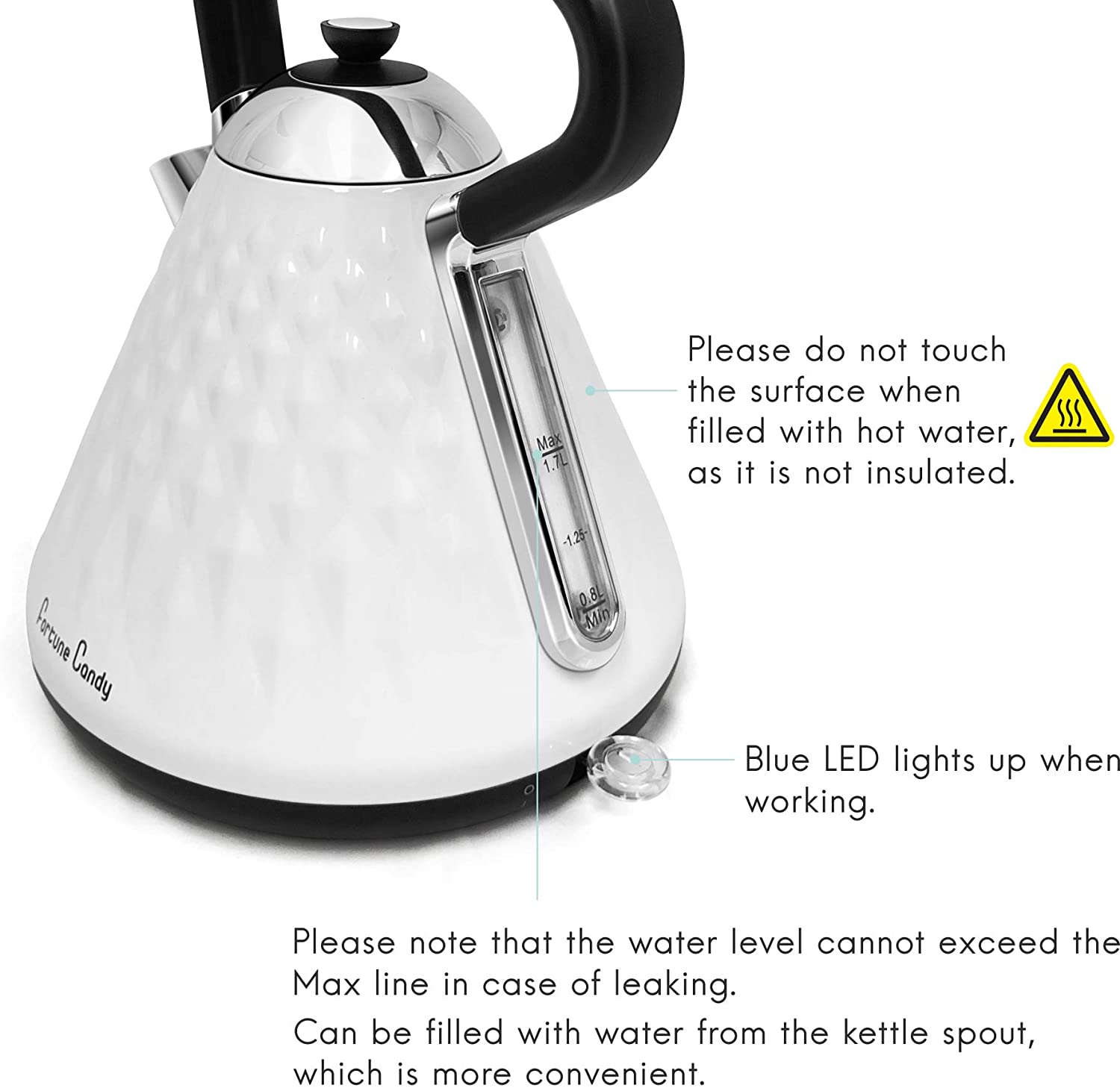 Fortune Candy Electric Kettle, Stainless Steel Electric Tea Kettle, 1500W Fast Boiling and Cordless, BPA-Free,with Auto Shut-Off & Boil-Dry Protection