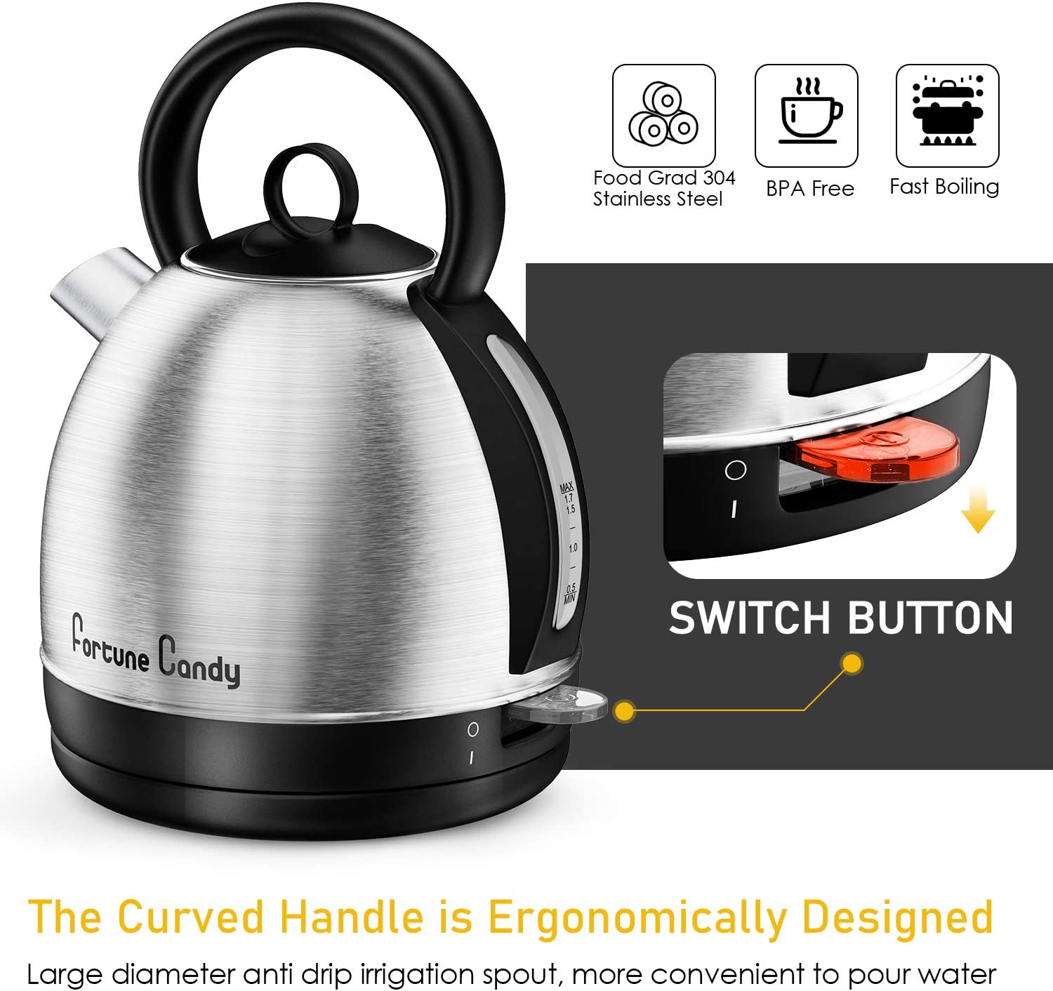 1.7L/1500W Fast Boiling Stainless Steel Electric Tea Kettle