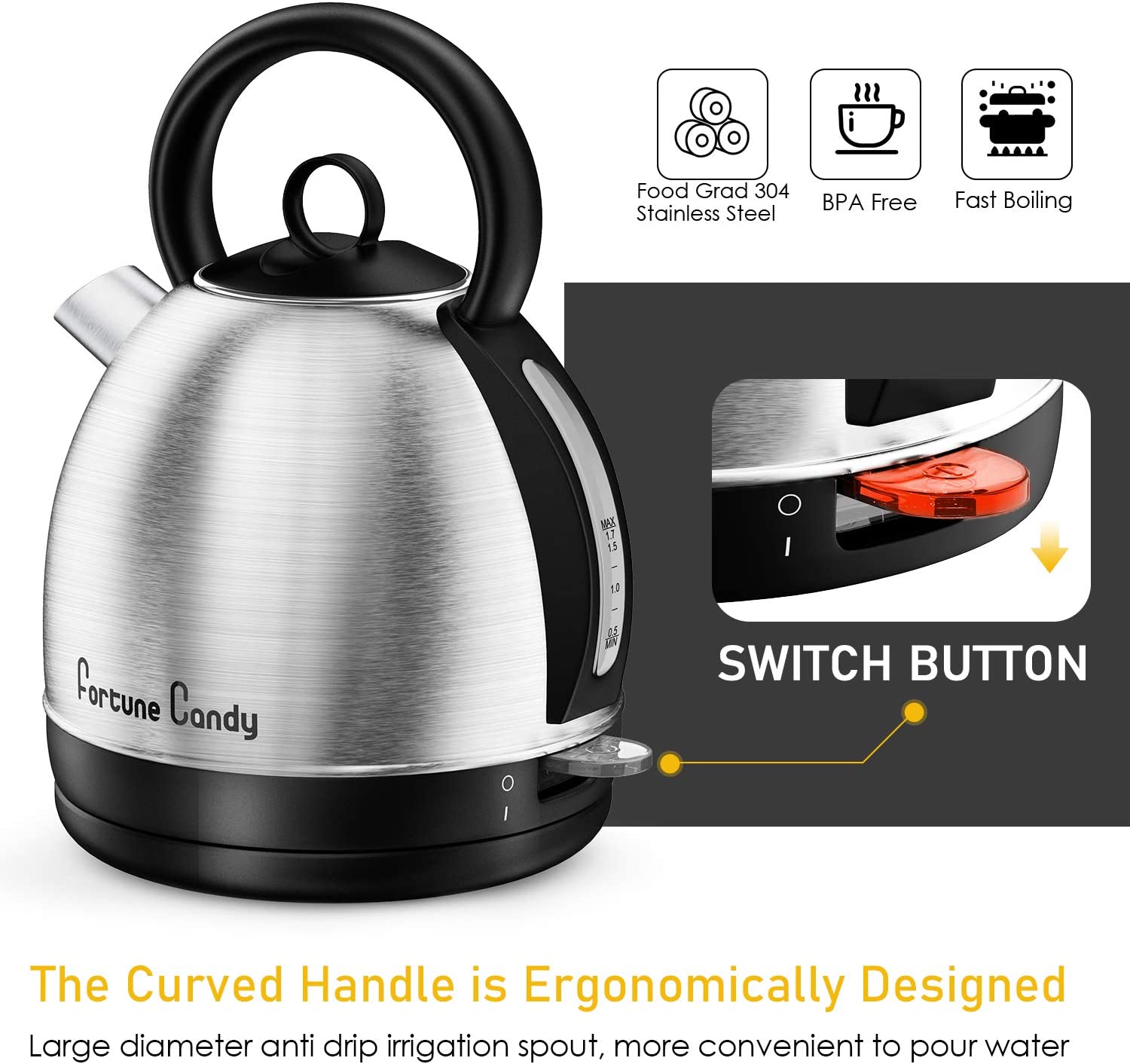 Electric Tea Kettle, 1.7L Hot Water Kettle, BPA Free Stainless Steel