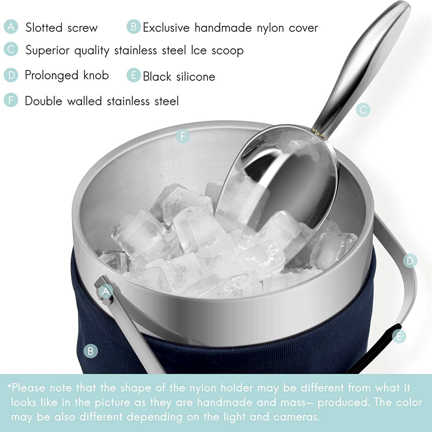 Fortune Candy Insulated Ice Bucket -Double Walled Stainless Steel with Ice Tongs, Scoop, Lid, and Exclusive  Nylon Holder - 2.8 L, Silver/Navy Blue