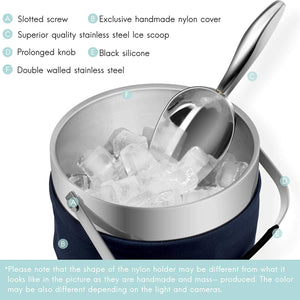 Fortune Candy Insulated Ice Bucket -Double Walled Stainless Steel with Ice Tongs, Scoop, Lid, and Exclusive  Nylon Holder - 2.8 L, Silver/Navy Blue