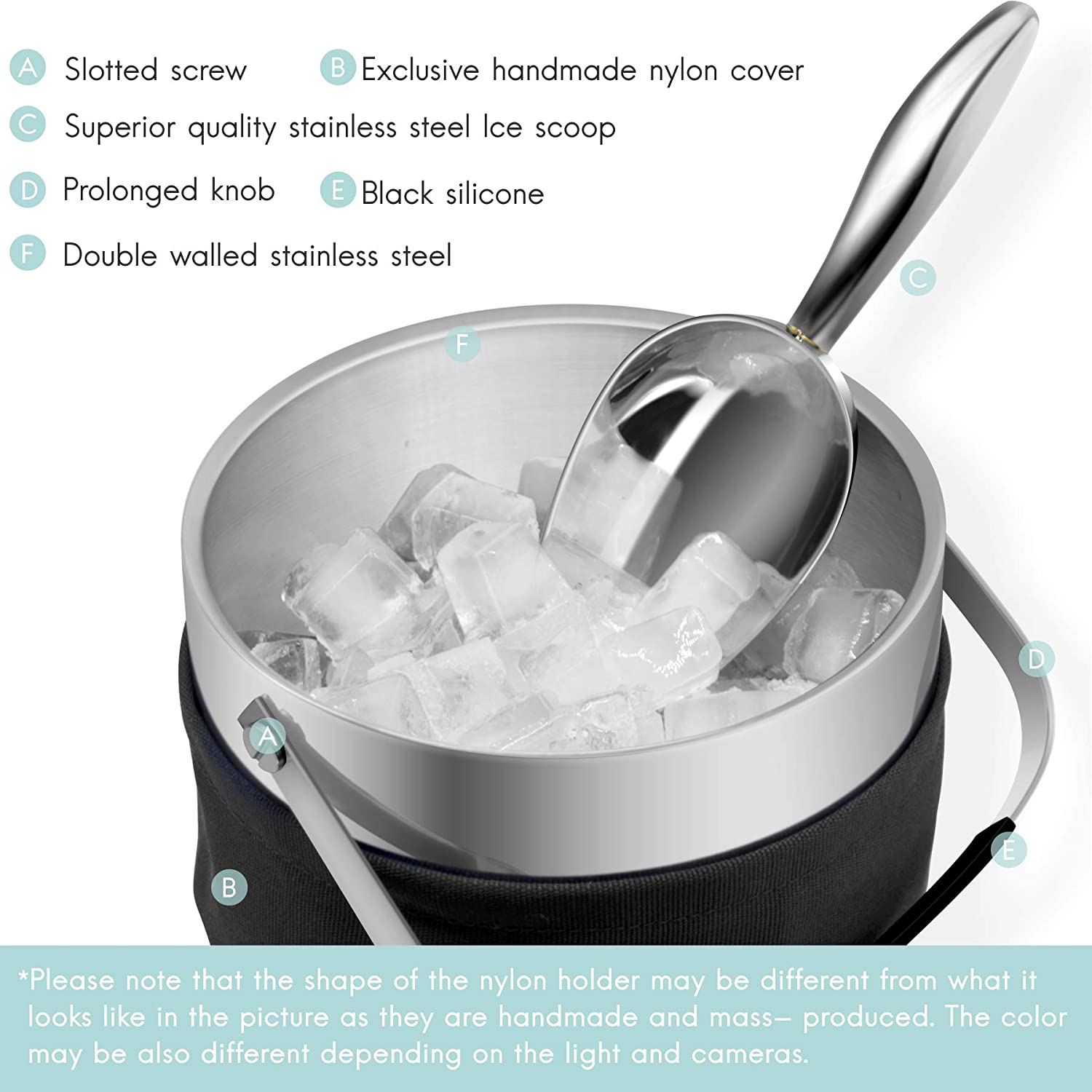 Fortune Candy Double Walled Stainless Steel Ice Bucket with Ice Tongs, Scoop, Lid and Nylon Holder - 2.8 L (Black)