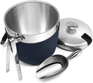 Fortune Candy Insulated Ice Bucket -Double Walled Stainless Steel with Ice Tongs, Scoop, Lid, and Exclusive  Nylon Holder - 2.8 L, Silver/Navy Blue