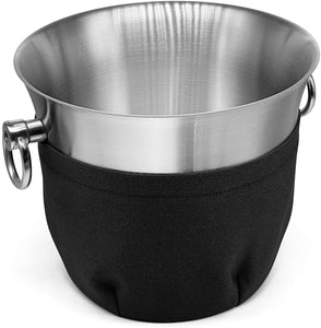 Fortune Candy Insulated Ice Bucket - Double Walled Stainless Steel with Ice Tongs, Scoop, Lid, and Exclusive Handmade Nylon Holder - 3.3 L, Black