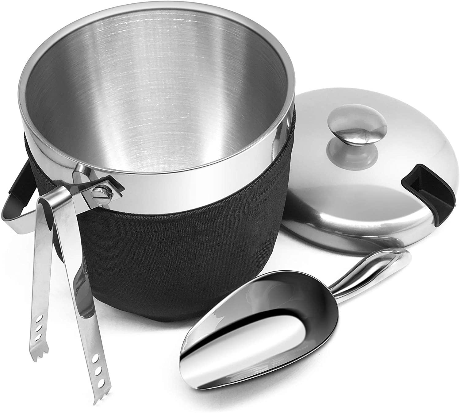 Fortune Candy Double Walled Stainless Steel Ice Bucket with Ice Tongs, Scoop, Lid and Nylon Holder - 2.8 L (Black)