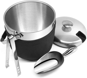 Fortune Candy Double Walled Stainless Steel Ice Bucket with Ice Tongs, Scoop, Lid and Nylon Holder - 2.8 L (Black)