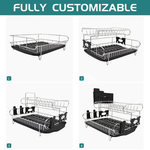 Duoupa Dish Drying Rack, 2 Tier Stainless Steel Large Dish Rack with Drainboard Set Utensil Holder Dish Drainer