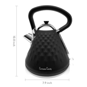 Fortune Candy KS-1011E Pyramid Stainless Steel Strix Controller Cordless Electric Kettle with Diamond Pattern, 1.7L (Matte Black)