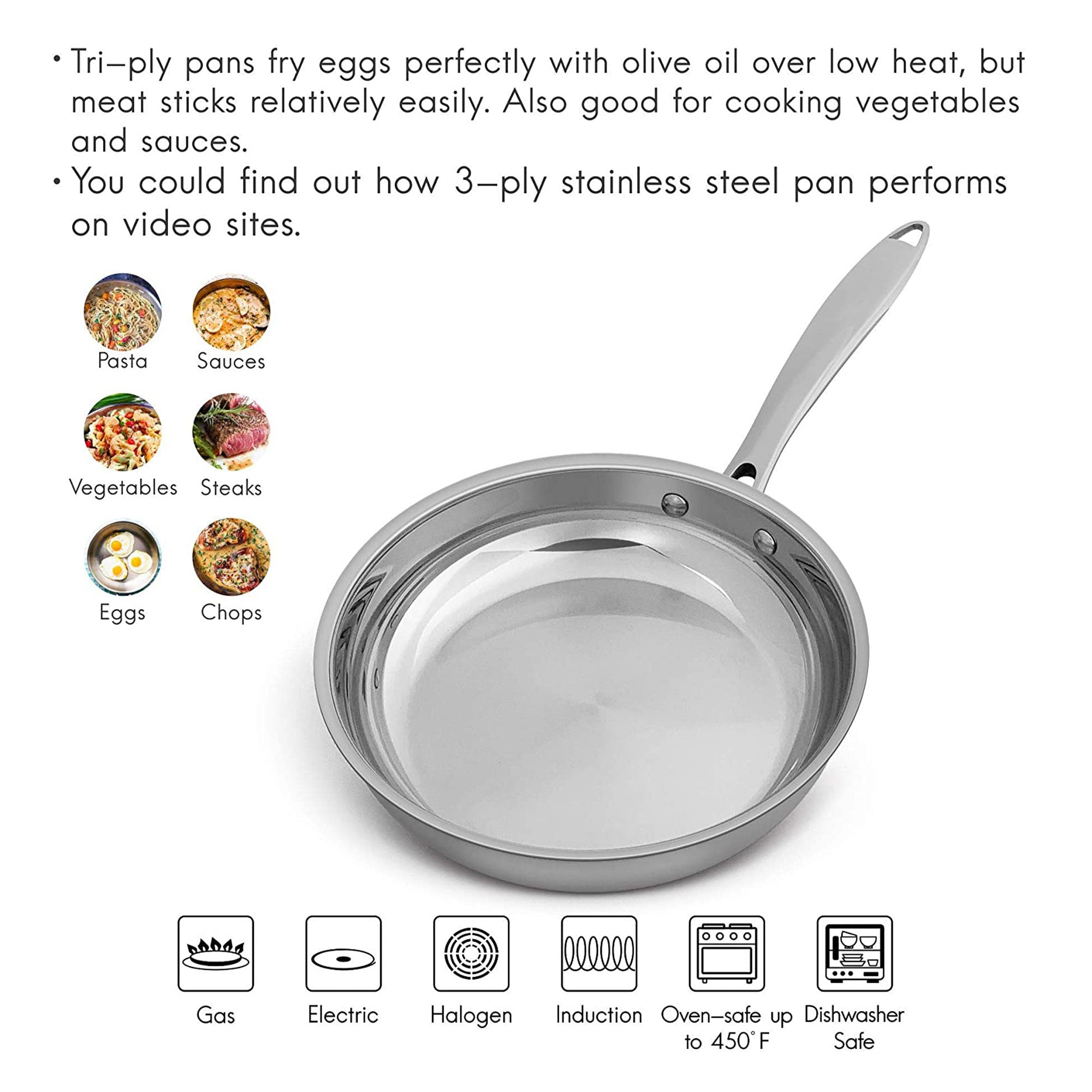 Fortune Candy 8-Inch Fry Pan with Lid, 3-ply Skillet, 18/8 Stainless Steel, Dishwasher Safe, Induction Ready, Silver (Mirror Finish)