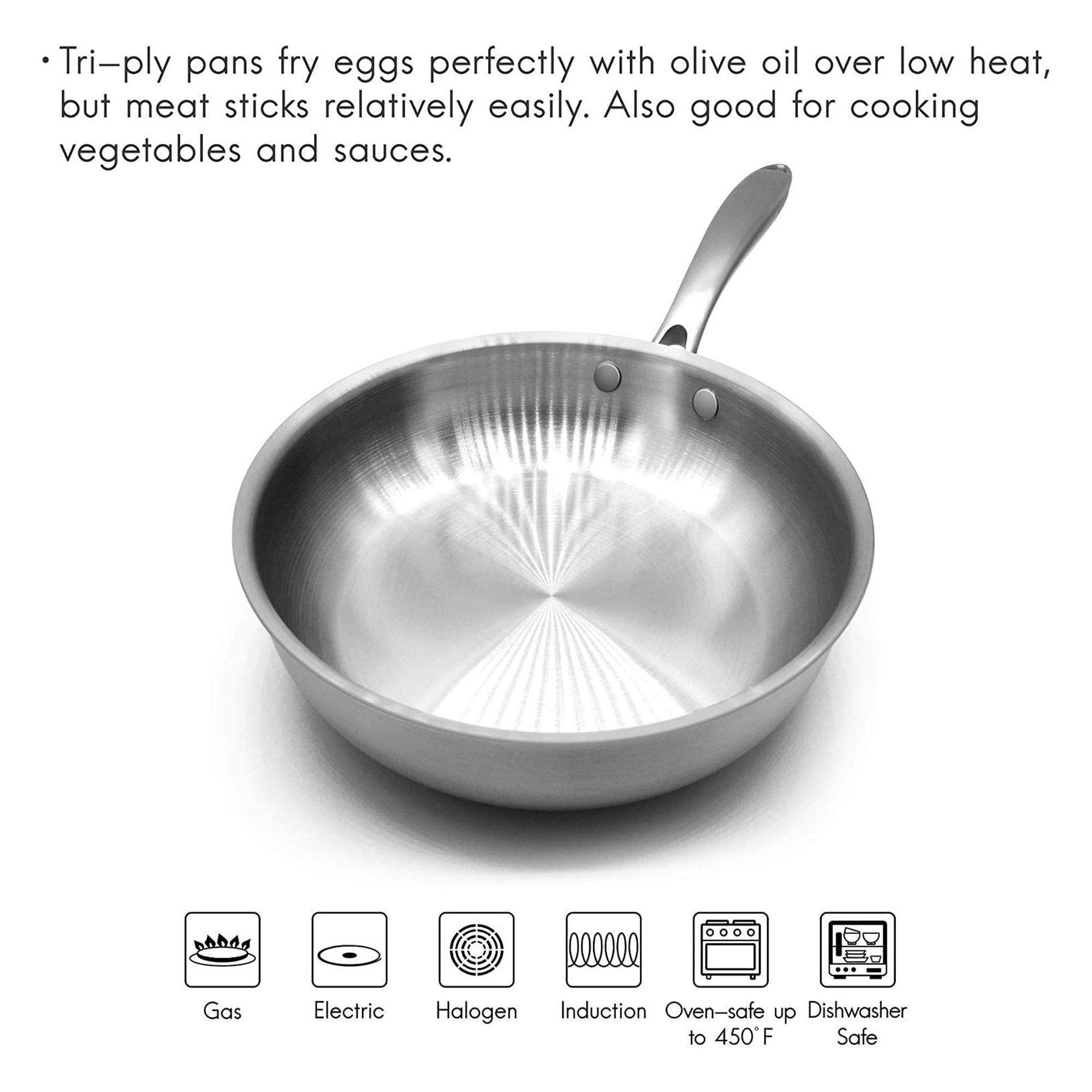 Fortune Candy 8-Inch Fry Pan with Lid, 3-ply Skillet, 18/8 Stainless Steel, Dishwasher Safe, Induction Ready, Silver