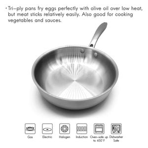 Fortune Candy 8-Inch Fry Pan with Lid, 3-ply Skillet, 18/8 Stainless Steel, Dishwasher Safe, Induction Ready, Silver