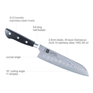 Fortune Candy 7 Inch Santoku Knife - Japanese AUS-10 Stainless Steel Kitchen Knife - Hollow Edge, Full Tang, Classic Handle (Damascus)