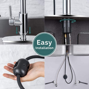 Duoupa Single Handle High Arc Brushed Nickel Pull Out Kitchen Faucet, Single Level Stainless Steel Kitchen Sink Faucets with Pull Down Sprayer