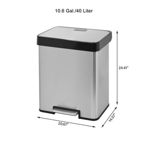 10.6 Gal/40 Liter Recycle Stainless Steel Step Rectangular Trash Can with dual 5.3 Gallon Compartments